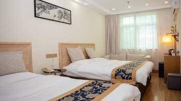 Desk, blackout drapes, iron/ironing board, free wired internet