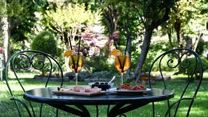 A round metal table with a plate of food and two glasses of a yellow beverage, set outdoors with greenery in the background. - Hotel San Giorgio  Heaven Spa (Fiuggi)