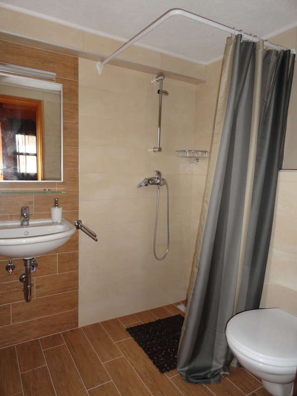 A bathroom with a sink, mirror, shower, and toilet.