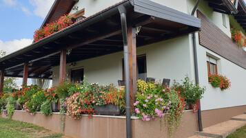 A house with a covered porch, potted plants, and a window with a curtain.