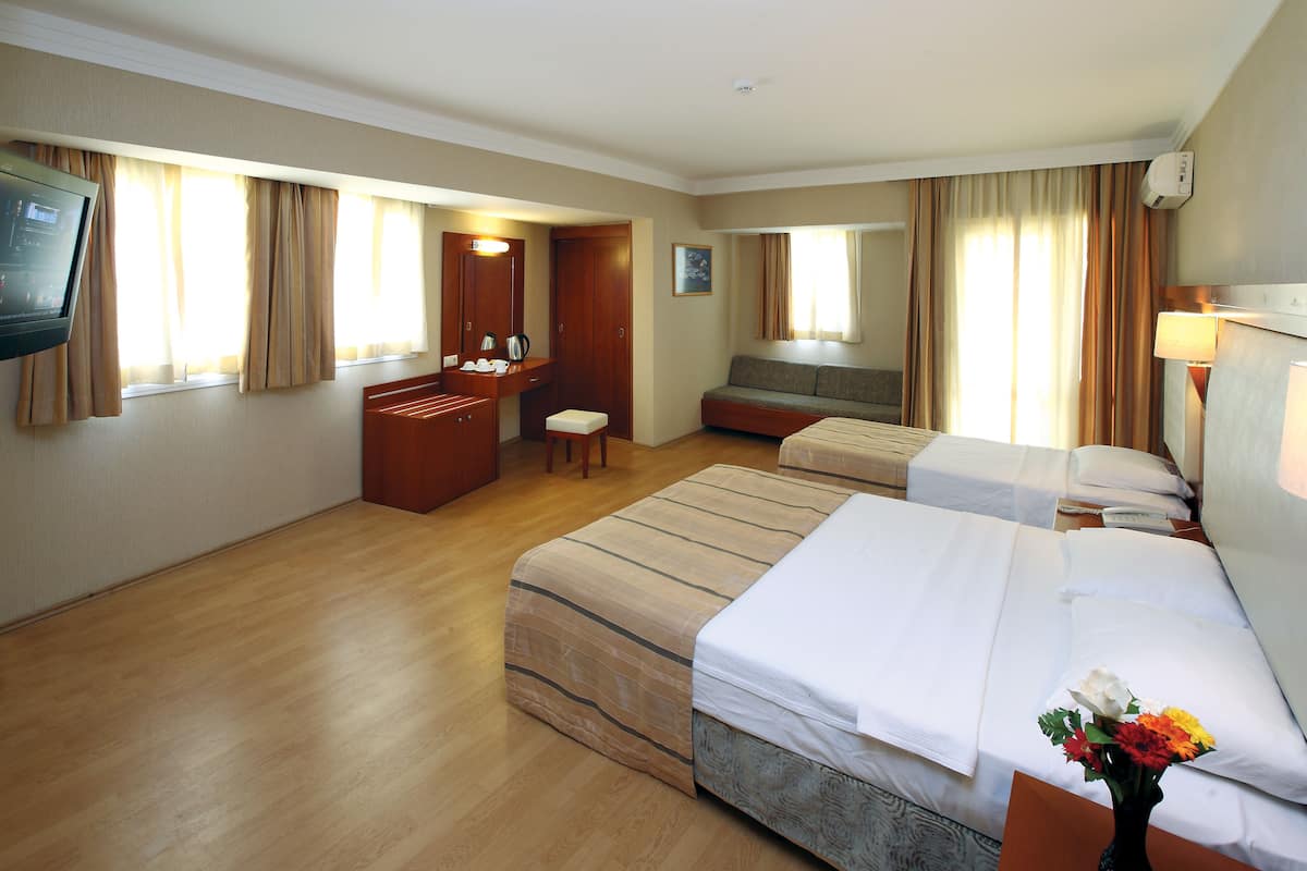 A hotel room with a large bed, a desk, a chair, and a sofa.