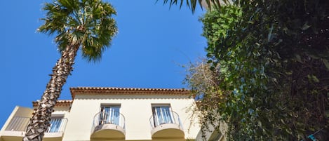A building with a balcony, a palm tree, and a clear blue sky.