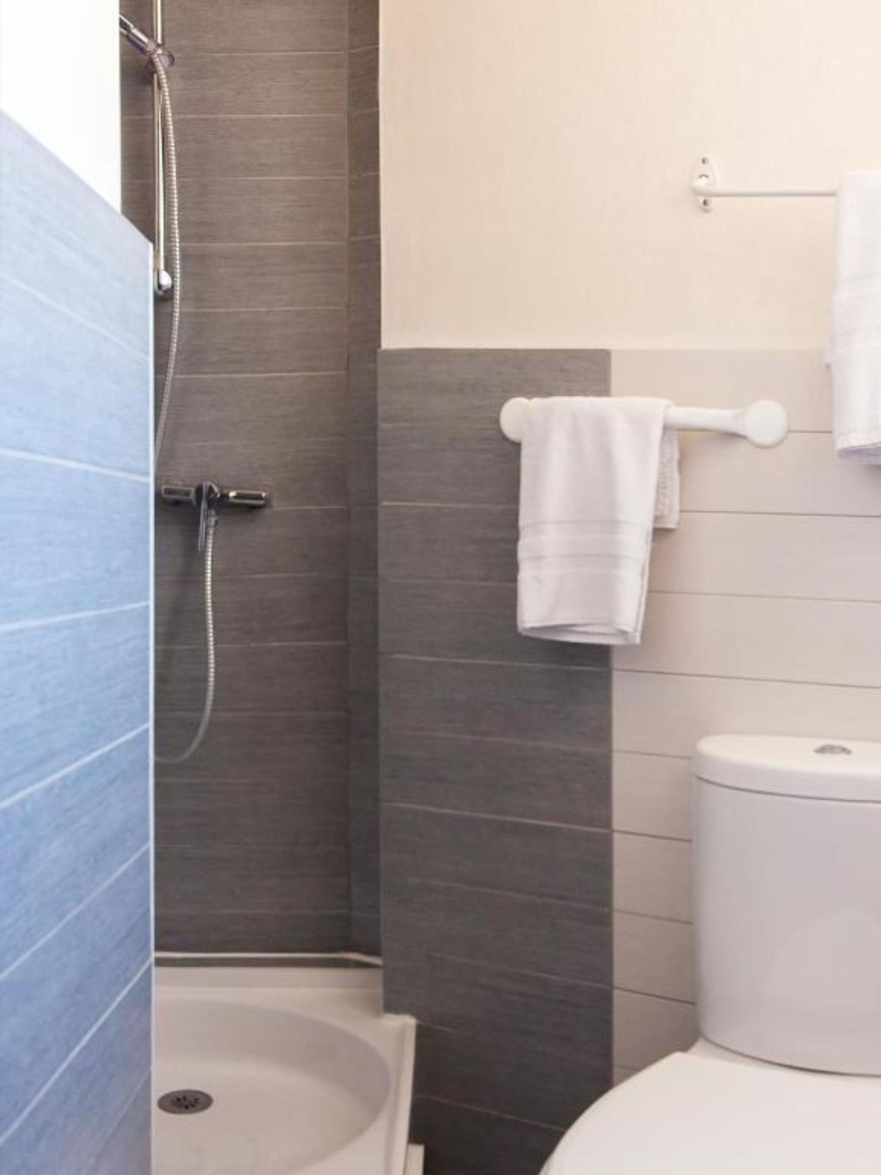 A modern bathroom with a shower, toilet, and a towel rack.
