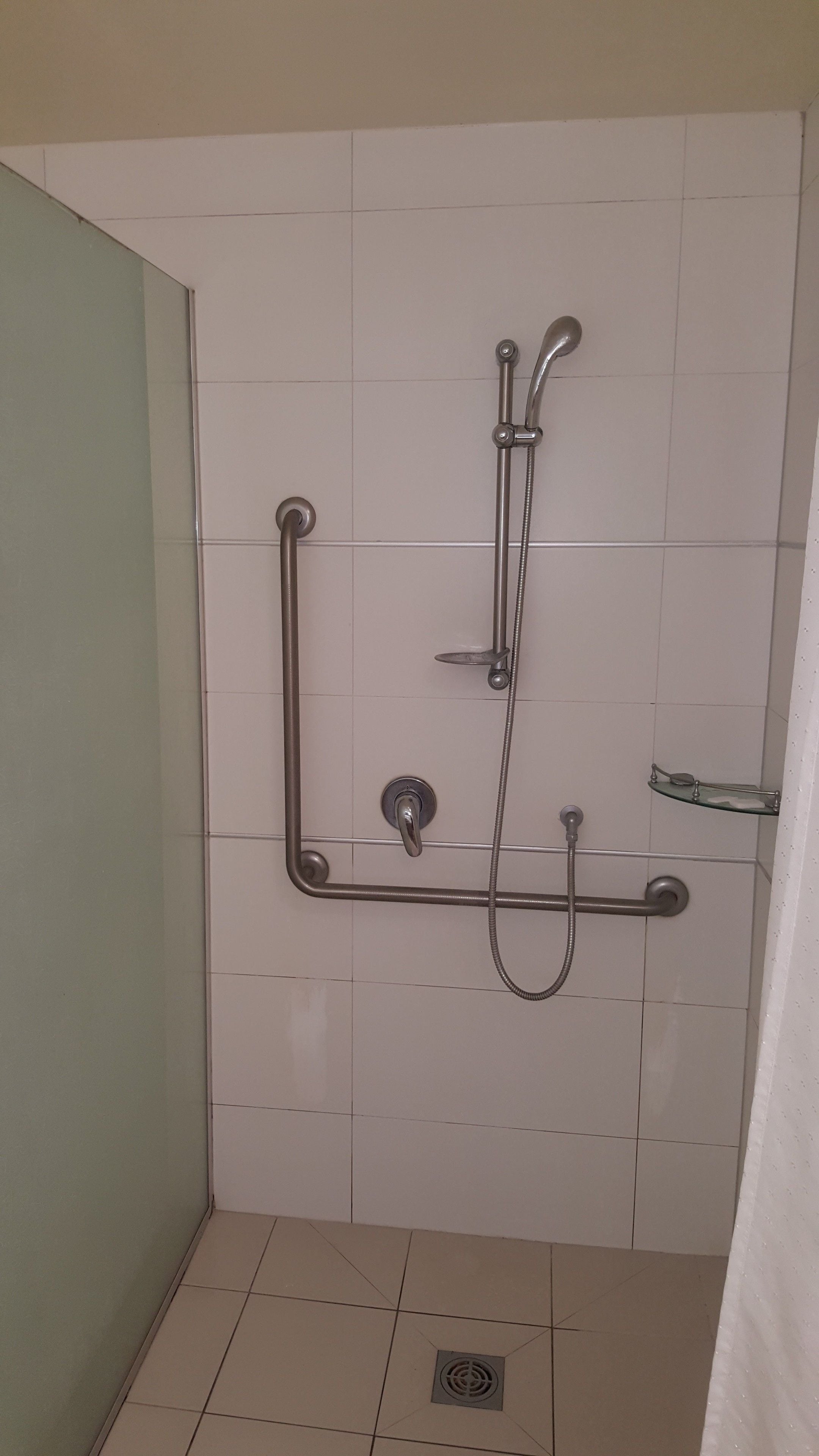 A shower area with a handheld showerhead, a fixed showerhead, and a handheld shower hose.
