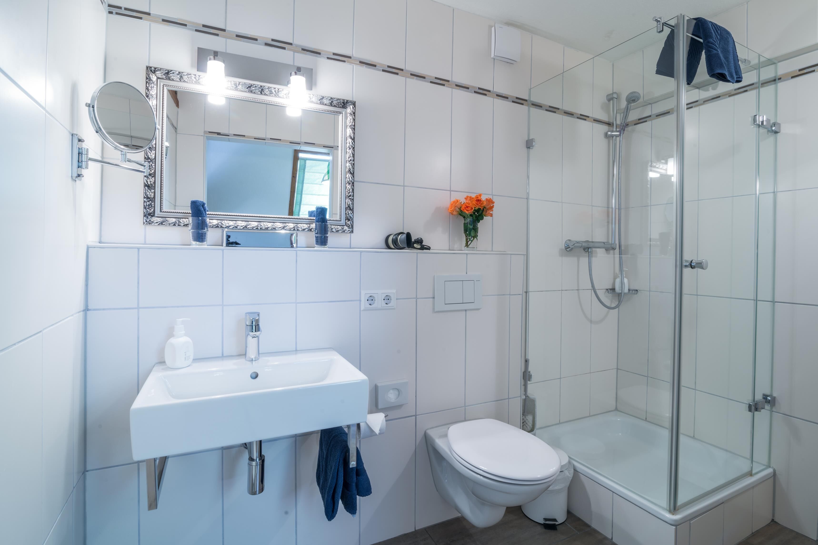 Un bagno moderno con lavandino bianco, specchio e cabina doccia in vetro.