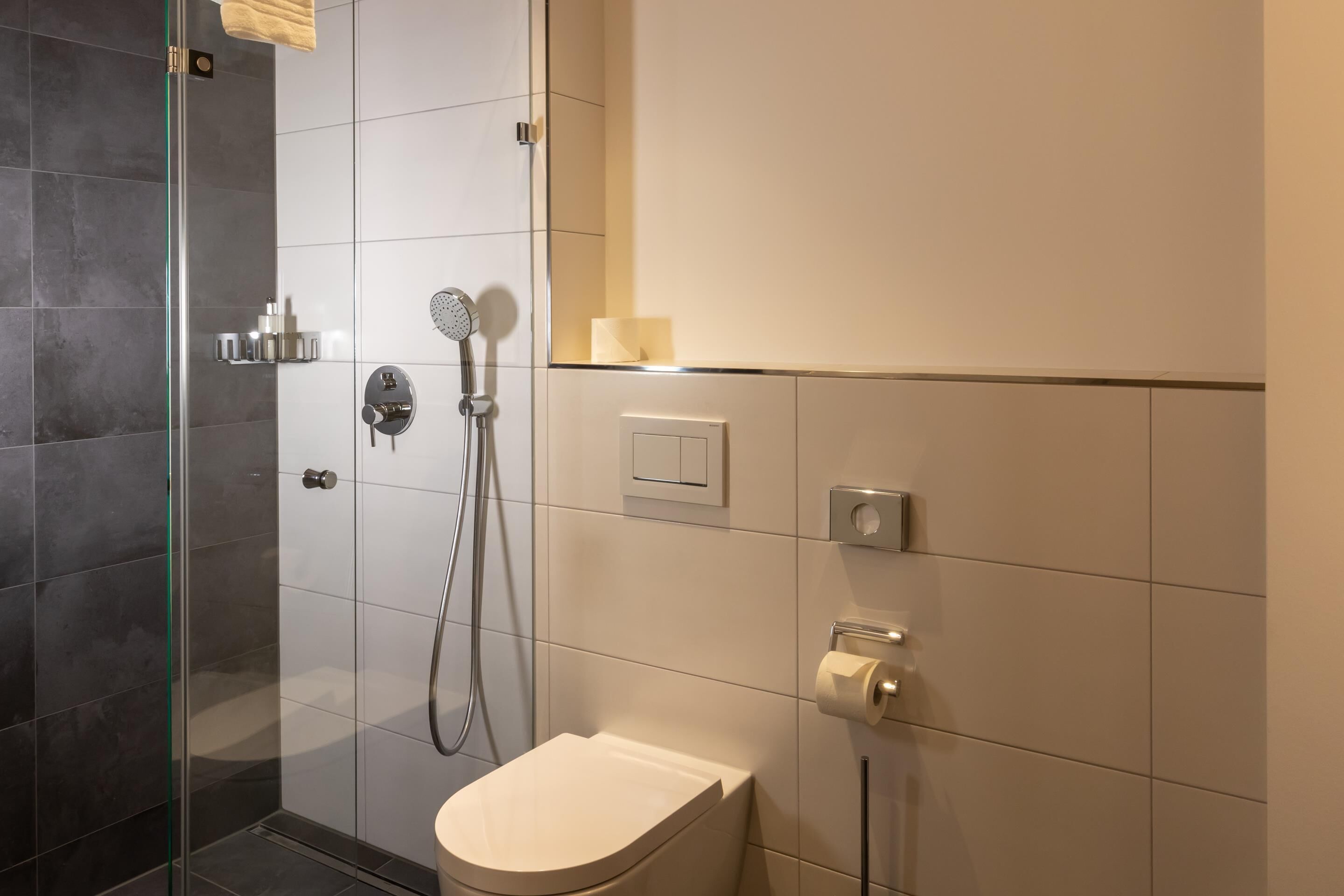Un baño moderno con cabina de ducha de vidrio, inodoro y porta papel higiénico en la pared.