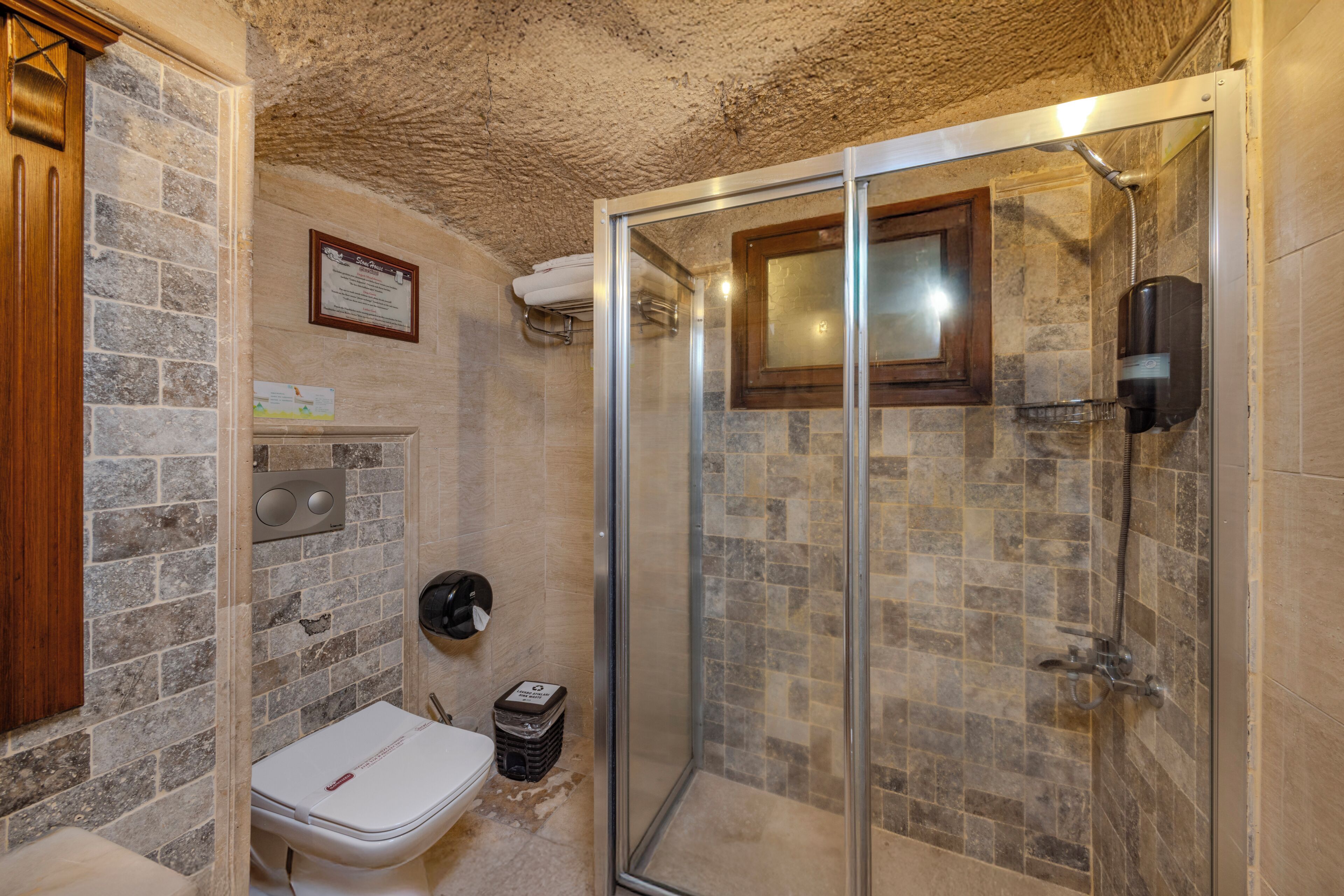 Een badkamer met douche, toilet en een muurbevestigde zeepdispenser.