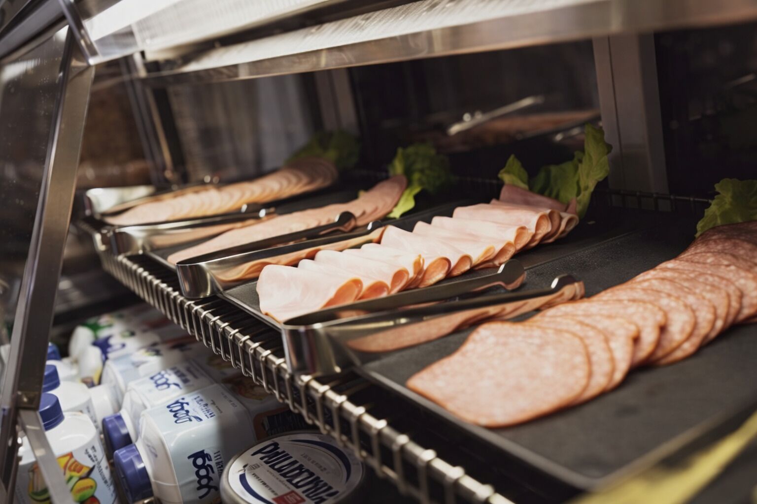 A deli counter with sliced meats and condiments.