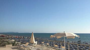 On the beach, sun loungers, beach umbrellas