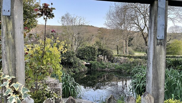 A wooden fence with a pond and various plants in the background. - Tovey Lodge (Hassocks)