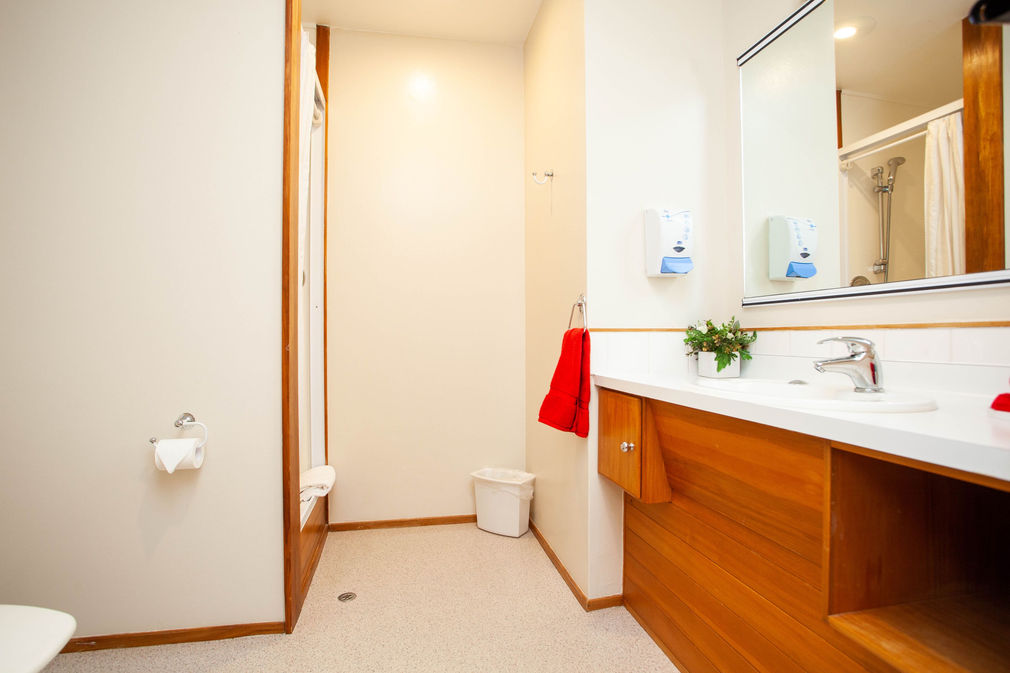 A modern bathroom with a wooden vanity, a white sink, a mirror, and a shower area.