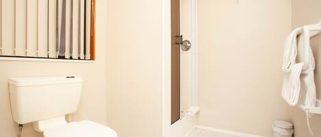Une salle de bain équipée de toilettes, d’une douche et d’un porte-serviettes.