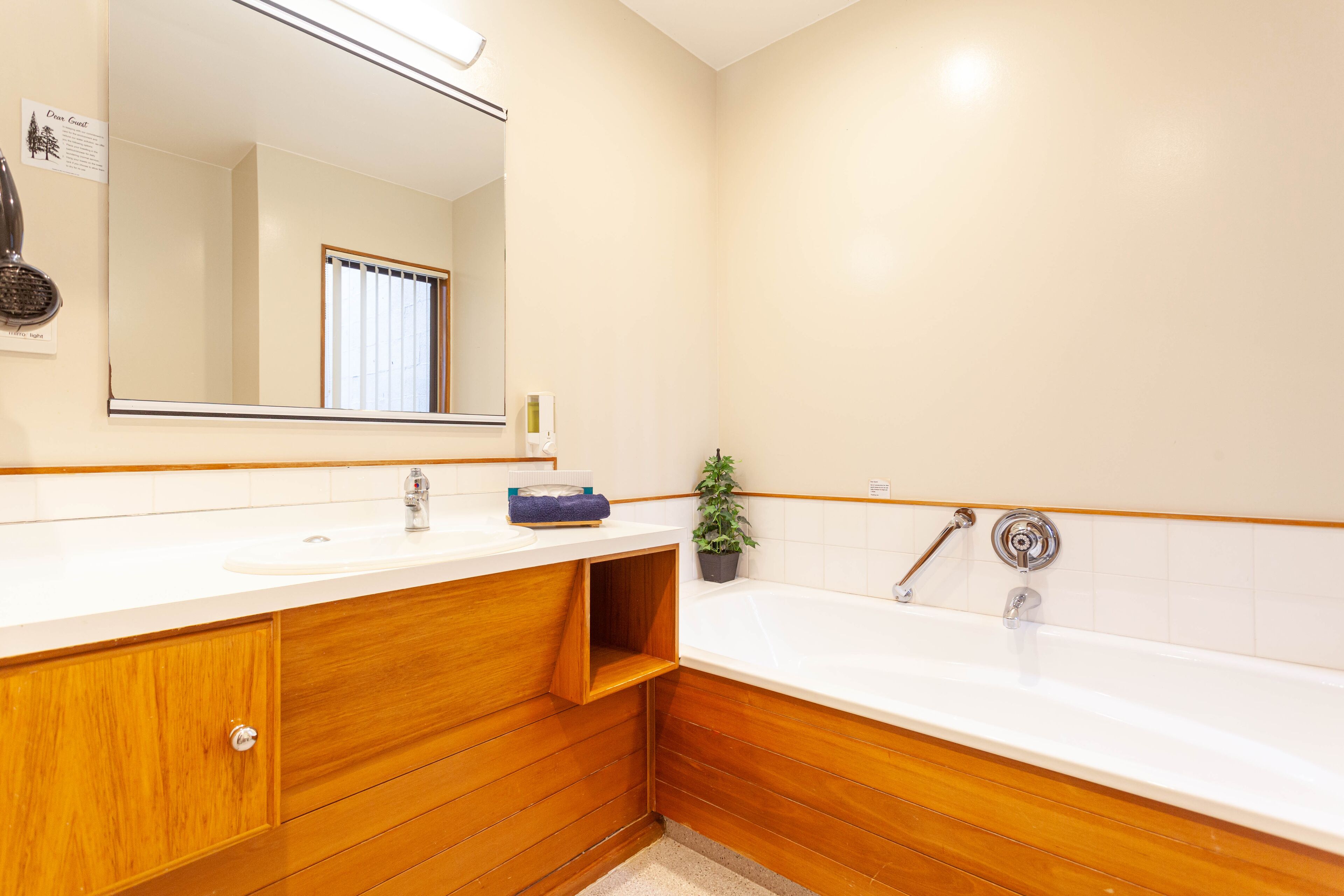 A modern bathroom with a wooden vanity, a large mirror, a bathtub, and a potted plant.