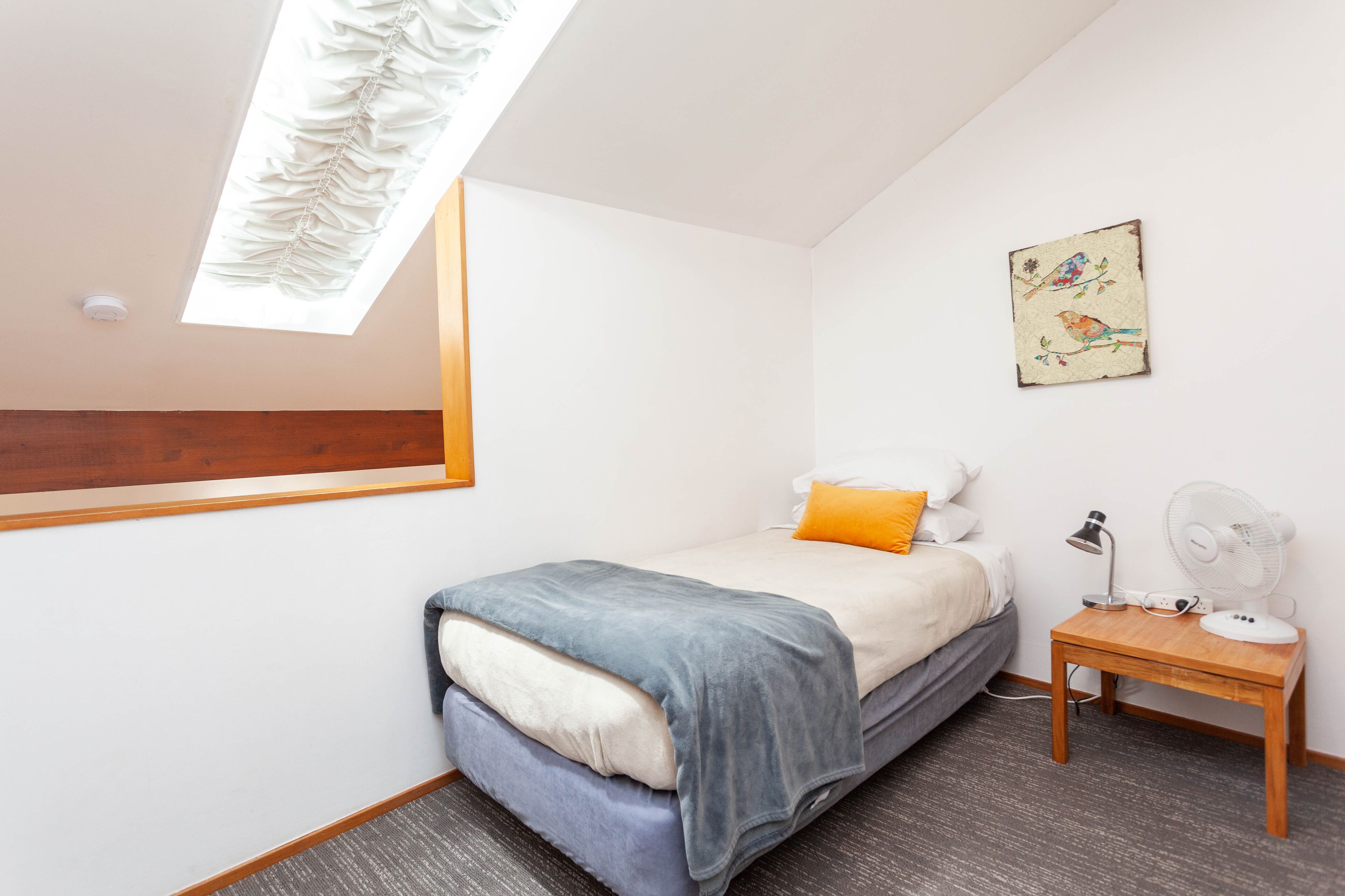 A bedroom with a bed, a bedside table with a lamp, a fan, and a wall-mounted artwork.