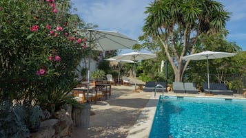 Seasonal outdoor pool, pool umbrellas, sun loungers