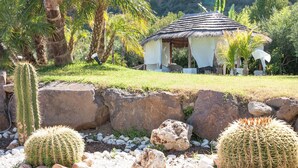 A desert garden with cacti and a thatched-roof hut. - Hotel Oasi (Lipari)