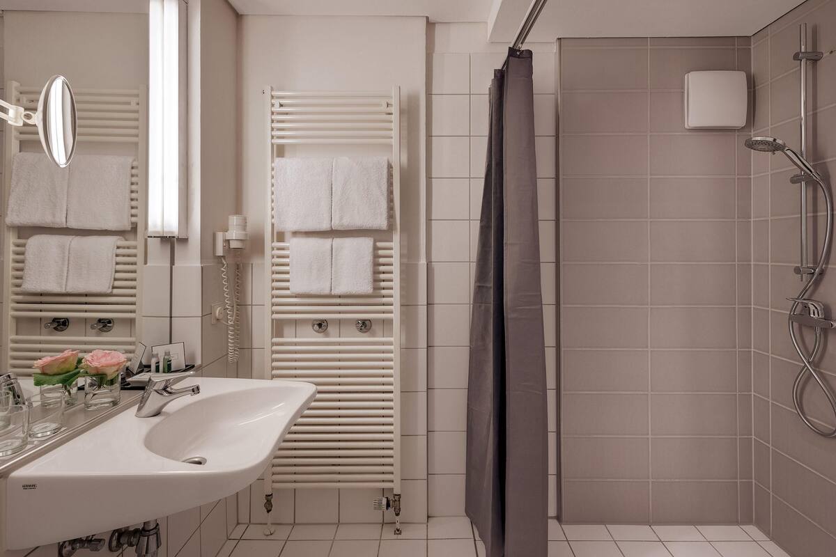 hair dryer, towels, soap, shampoo