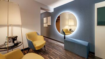 Hypo-allergenic bedding, desk, laptop workspace, blackout curtains