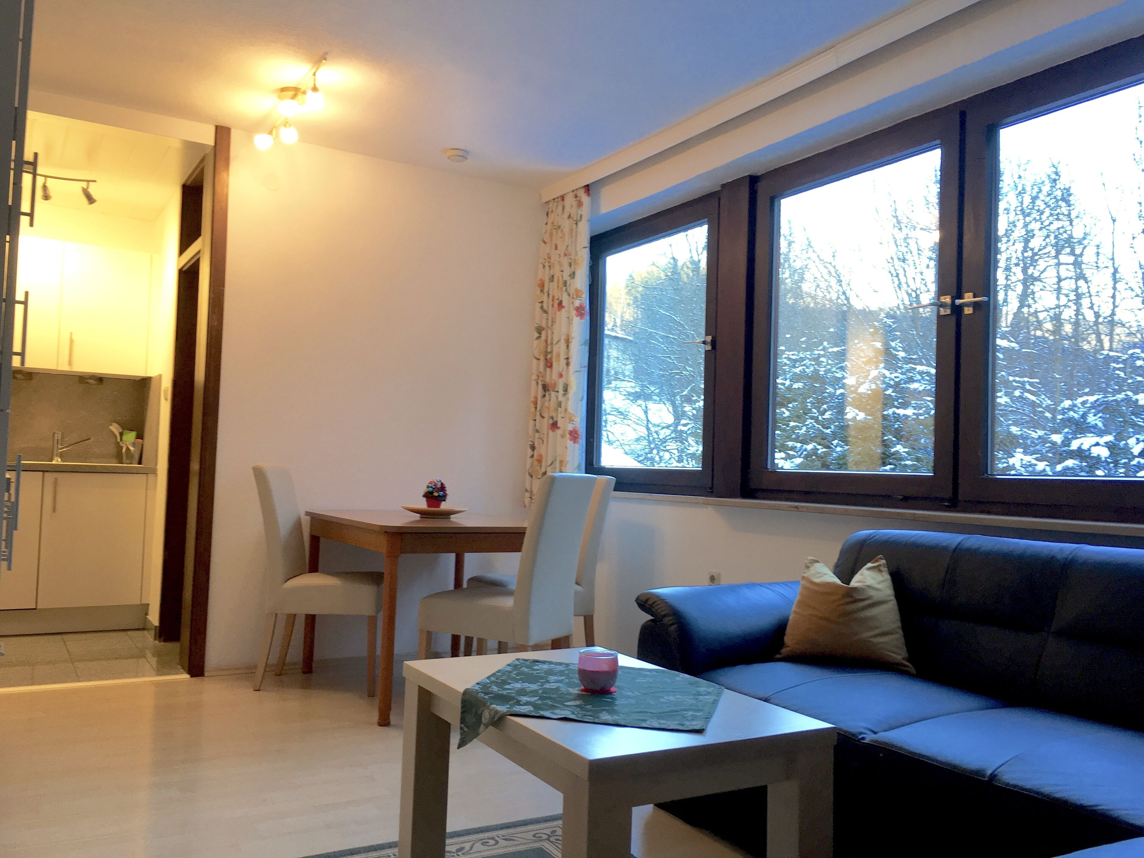 Ein gemütliches Wohnzimmer mit einer Couch, einem Esstisch mit Stühlen und einem Fenster mit Blick auf Bäume.