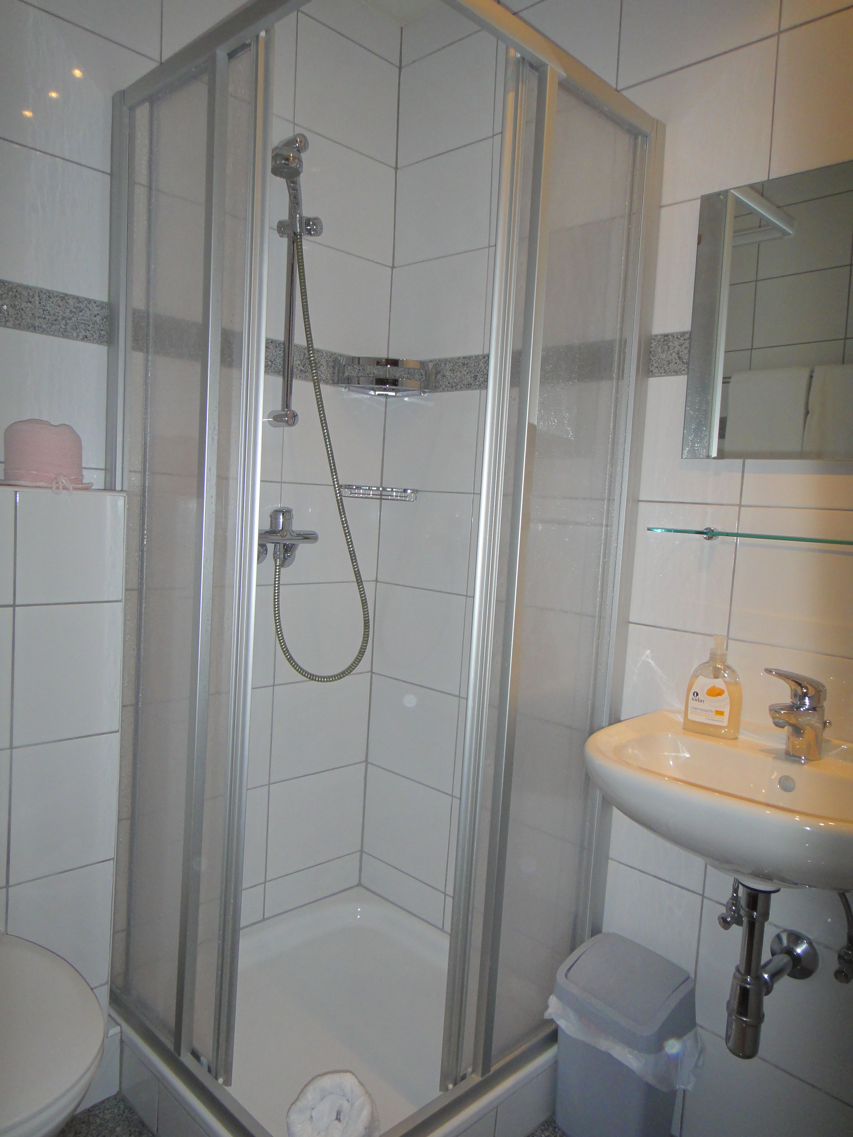 Un box de ducha con puerta de cristal, un lavamanos con espejo y un inodoro a la izquierda.
