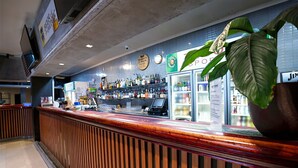 Un espace bar avec un comptoir en bois, des étagères remplies de bouteilles et une grande plante en pot.