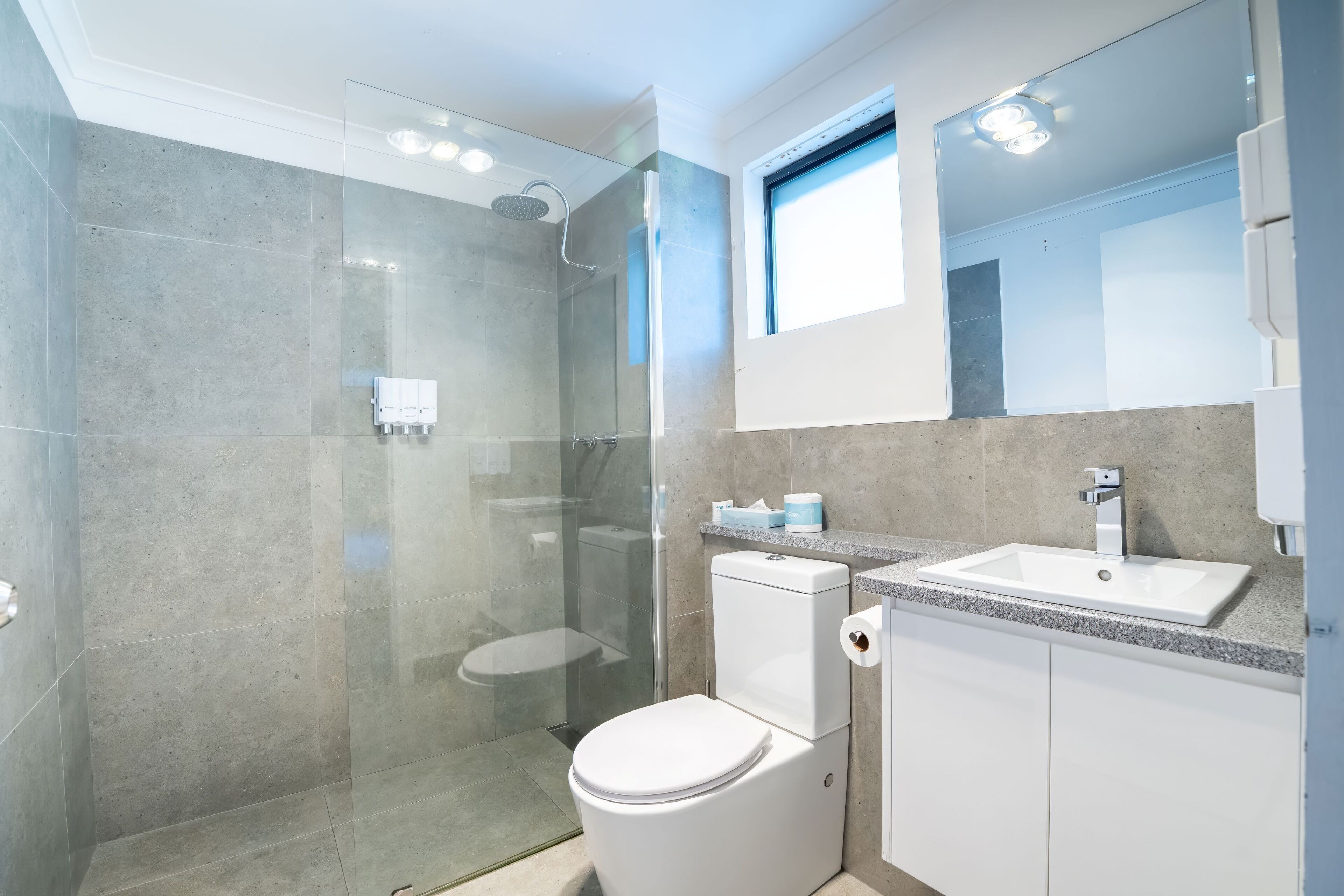 A modern bathroom with a glass-enclosed shower, a white toilet, and a sink with a mirror above it.