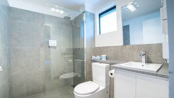 A modern bathroom with a glass-enclosed shower, a white toilet, and a sink with a mirror above it.