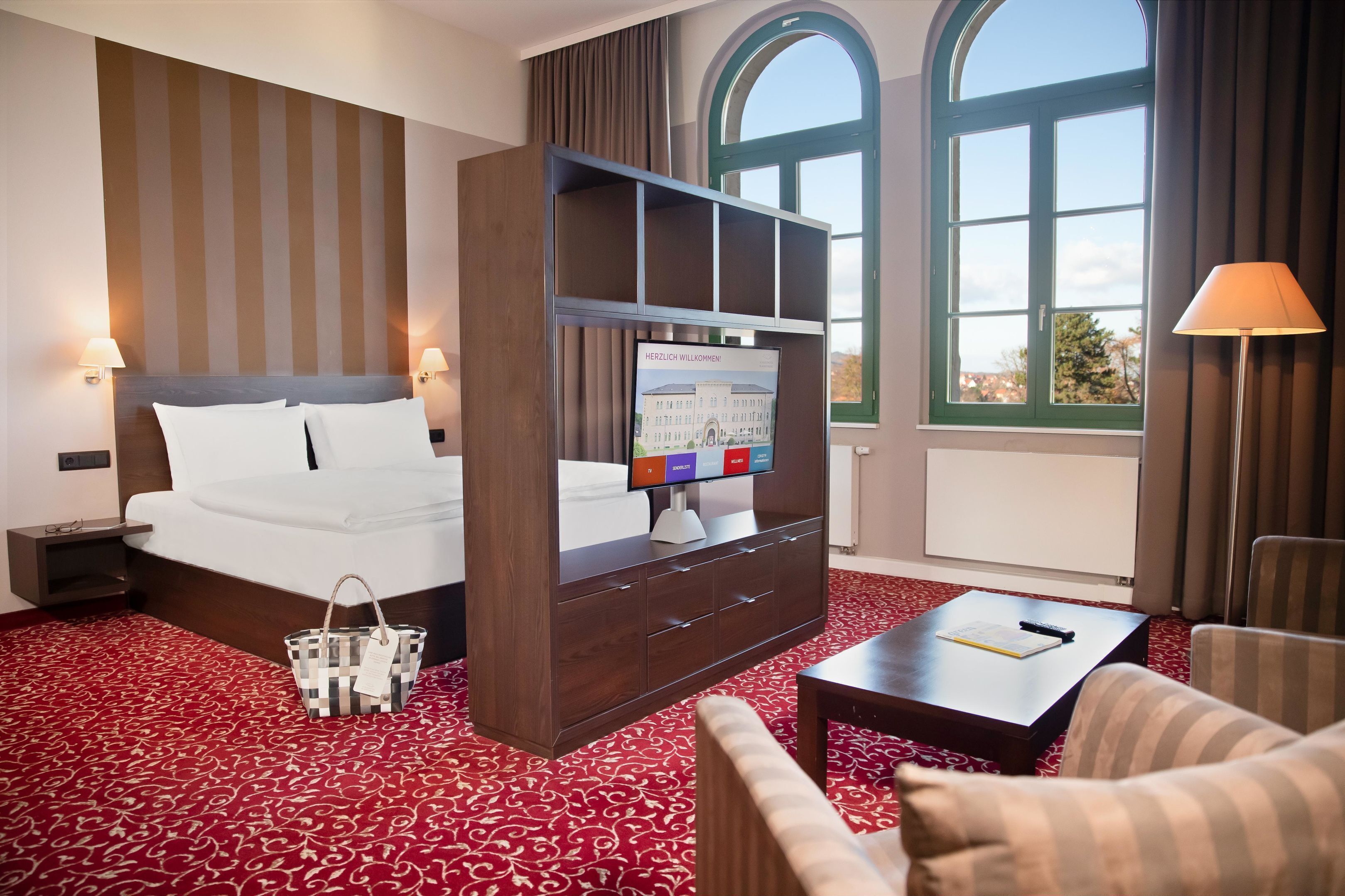 Habitación de hotel con una cama grande, televisión, escritorio y vista al exterior a través de una ventana.