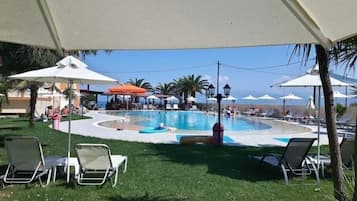 Outdoor pool, pool umbrellas, pool loungers