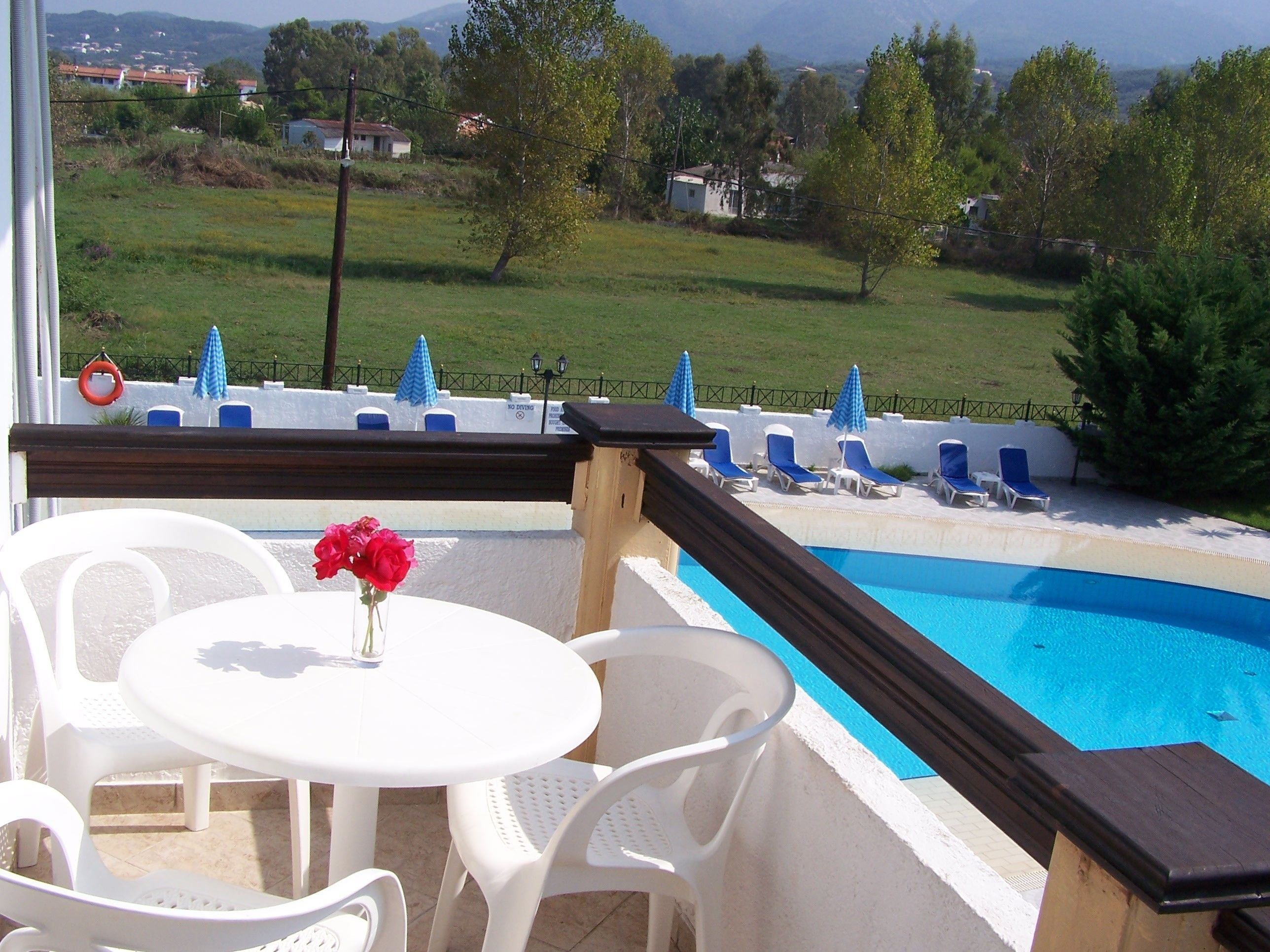 A poolside area with a view of a residential area, a table with chairs, and a flower vase.