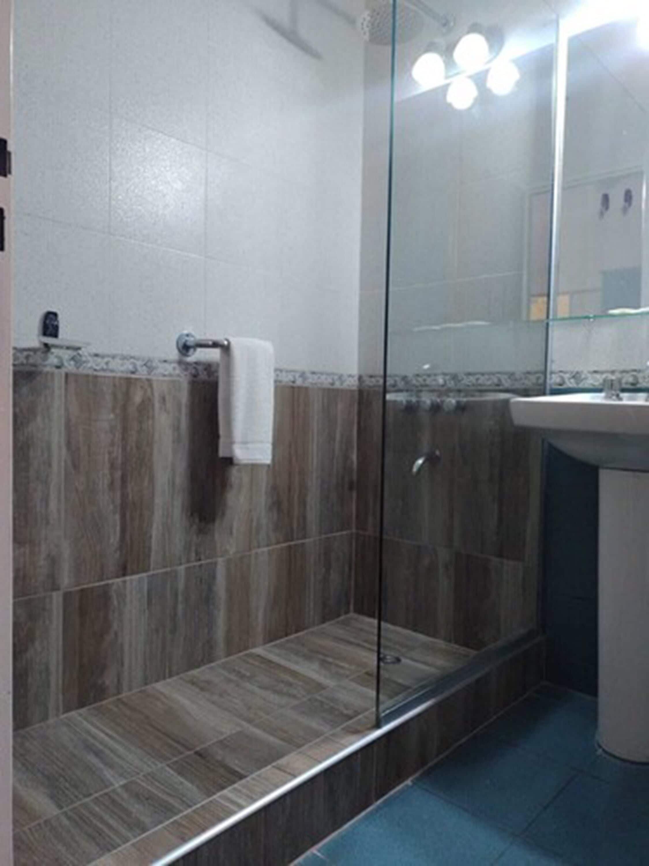 combined shower/bathtub, hair dryer, bidet, towels