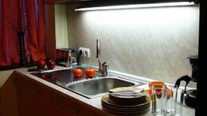 A kitchen with a stainless steel sink, red cabinets, and a bright overhead light. - BIZ Apart Sofia (Sofia)