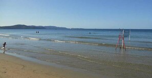 近隣のプライベートビーチ、サンラウンジャー、ビーチパラソル、ビーチタオル