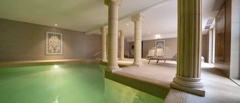 Indoor pool, open 2:00 PM to 8:30 PM, sun loungers