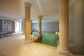Indoor pool, open 2:00 PM to 8:30 PM, sun loungers