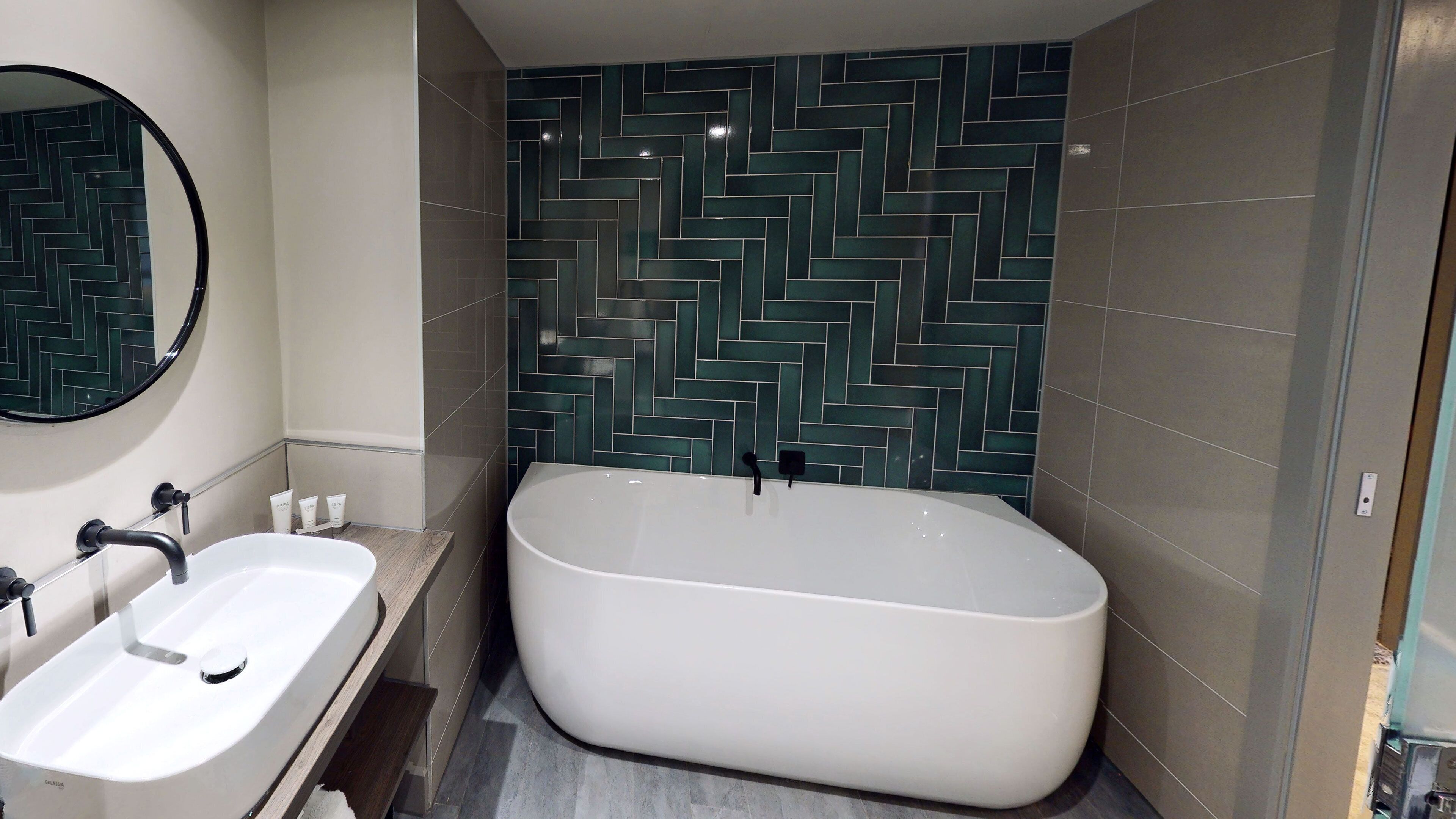 shower, rainfall showerhead, hair dryer, slippers