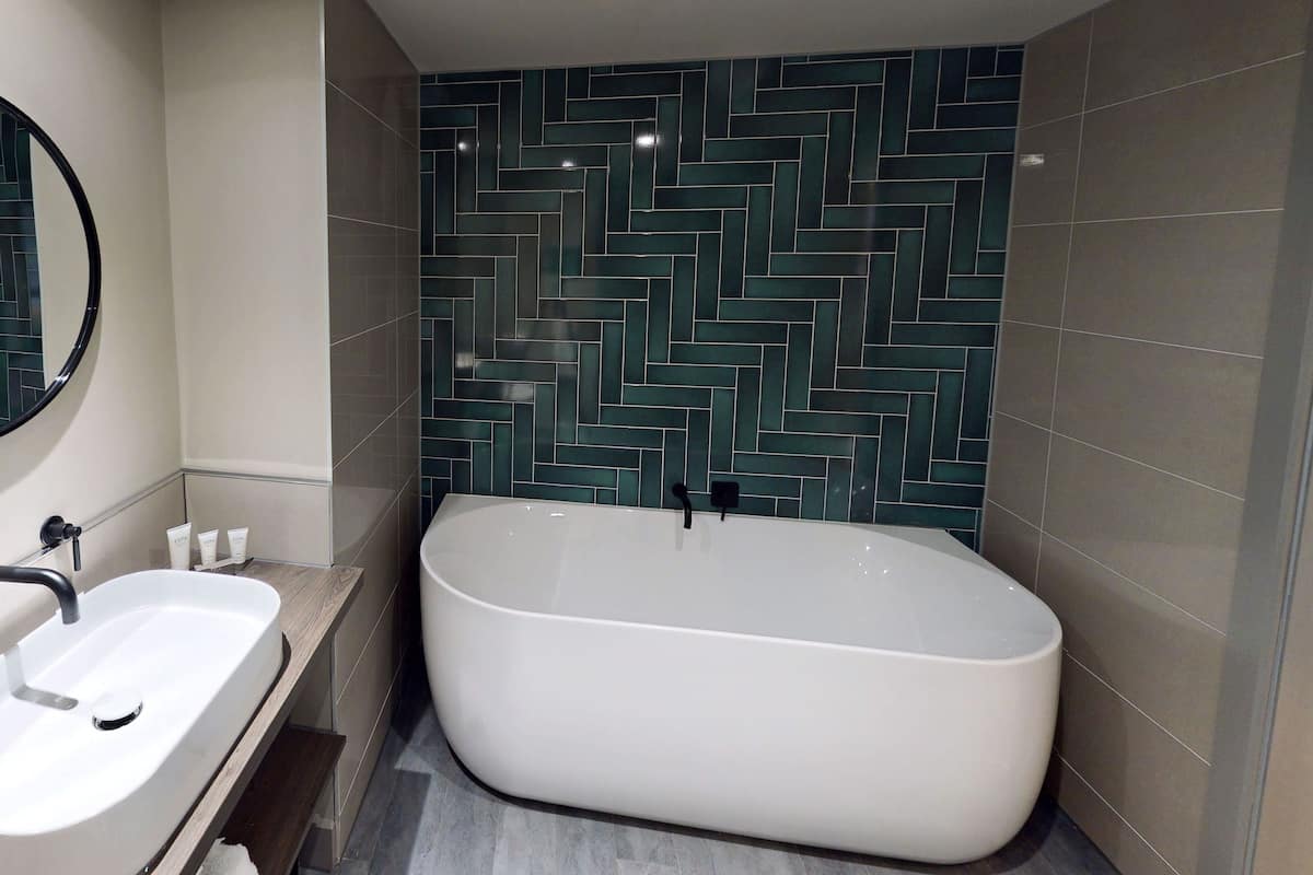 shower, rainfall showerhead, hair dryer, slippers