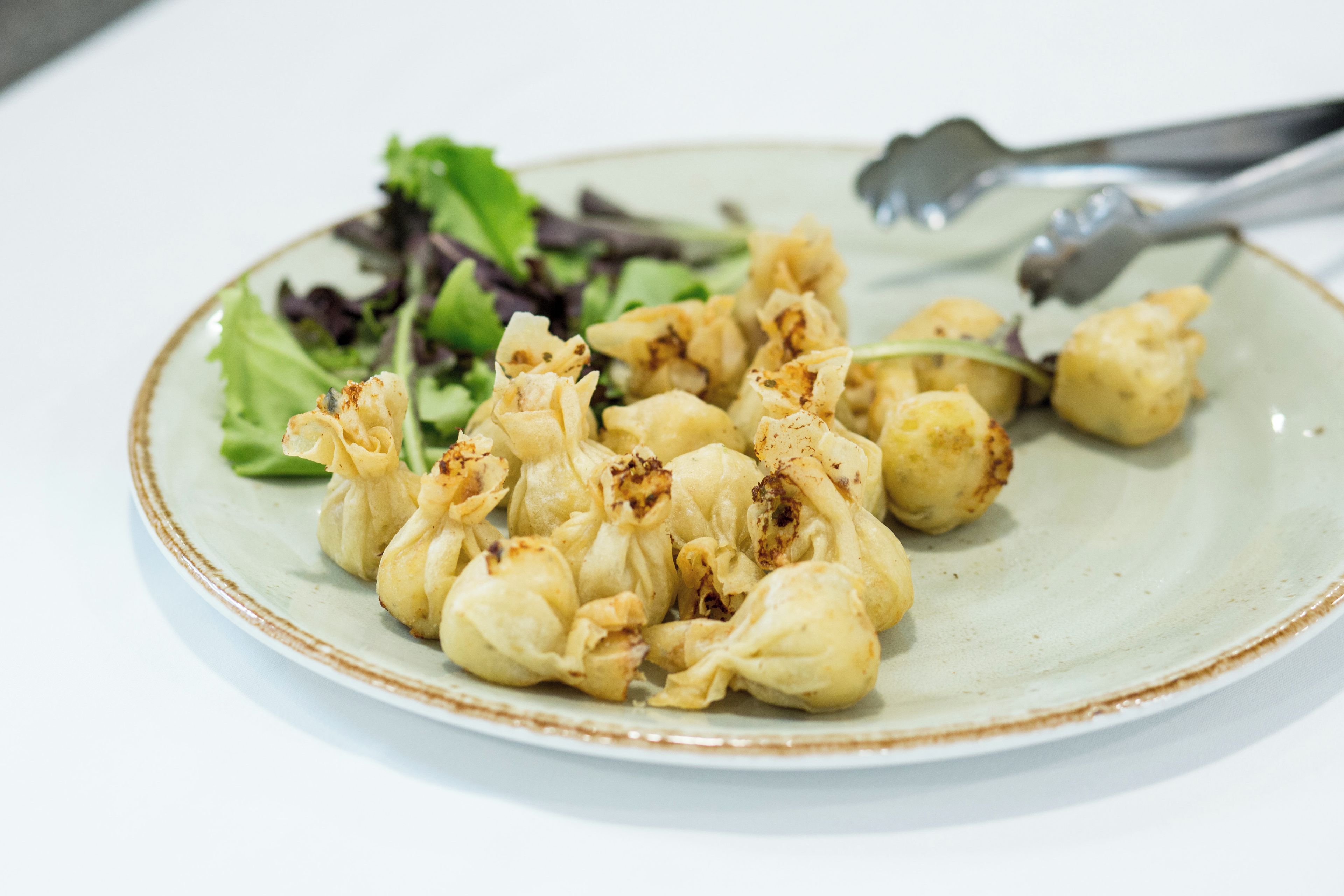 Um prato com dumplings e uma salada acompanhamento.