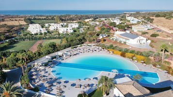 Outdoor pool, pool umbrellas, pool loungers