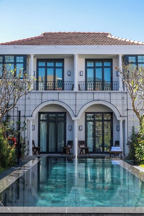 Outdoor pool, pool umbrellas, pool loungers