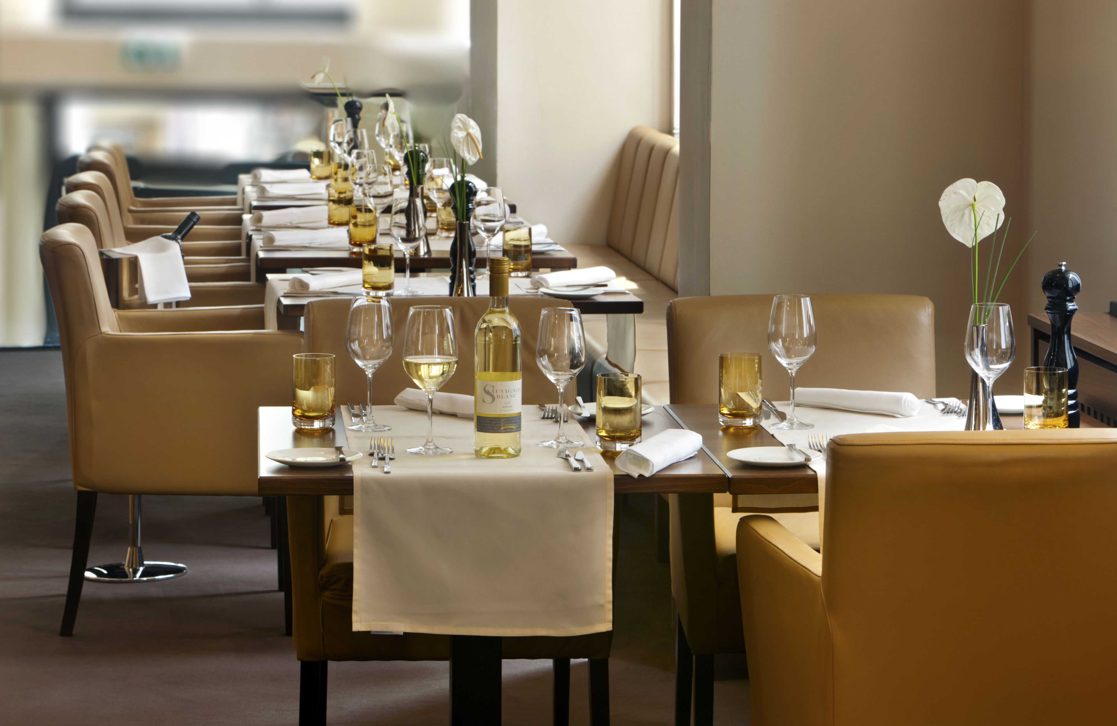 A restaurant with a long table set for a meal, including wine glasses, bottles, and cutlery.