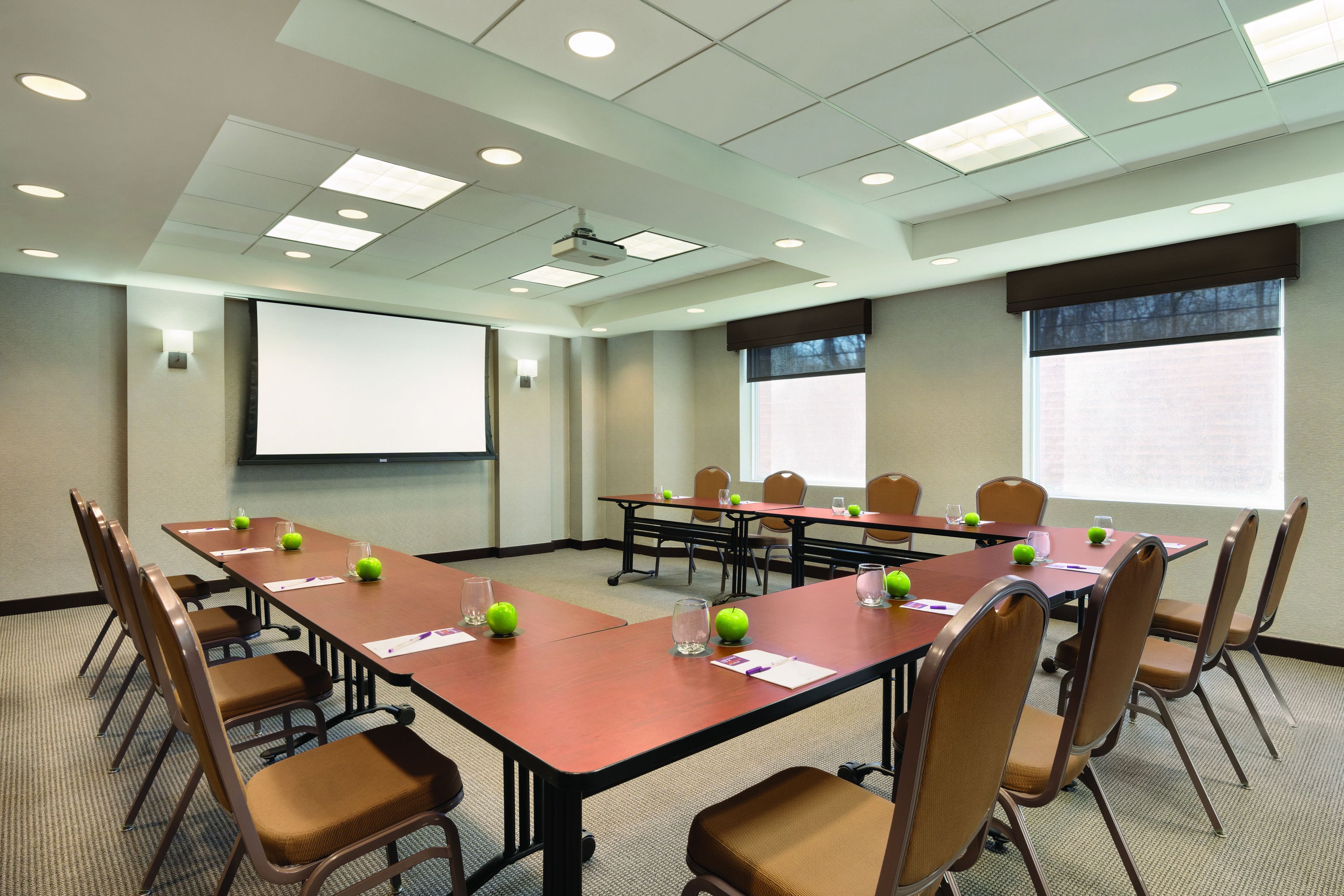Un salón de conferencias con una amplia mesa, sillas, una pantalla de proyector y ventanas.