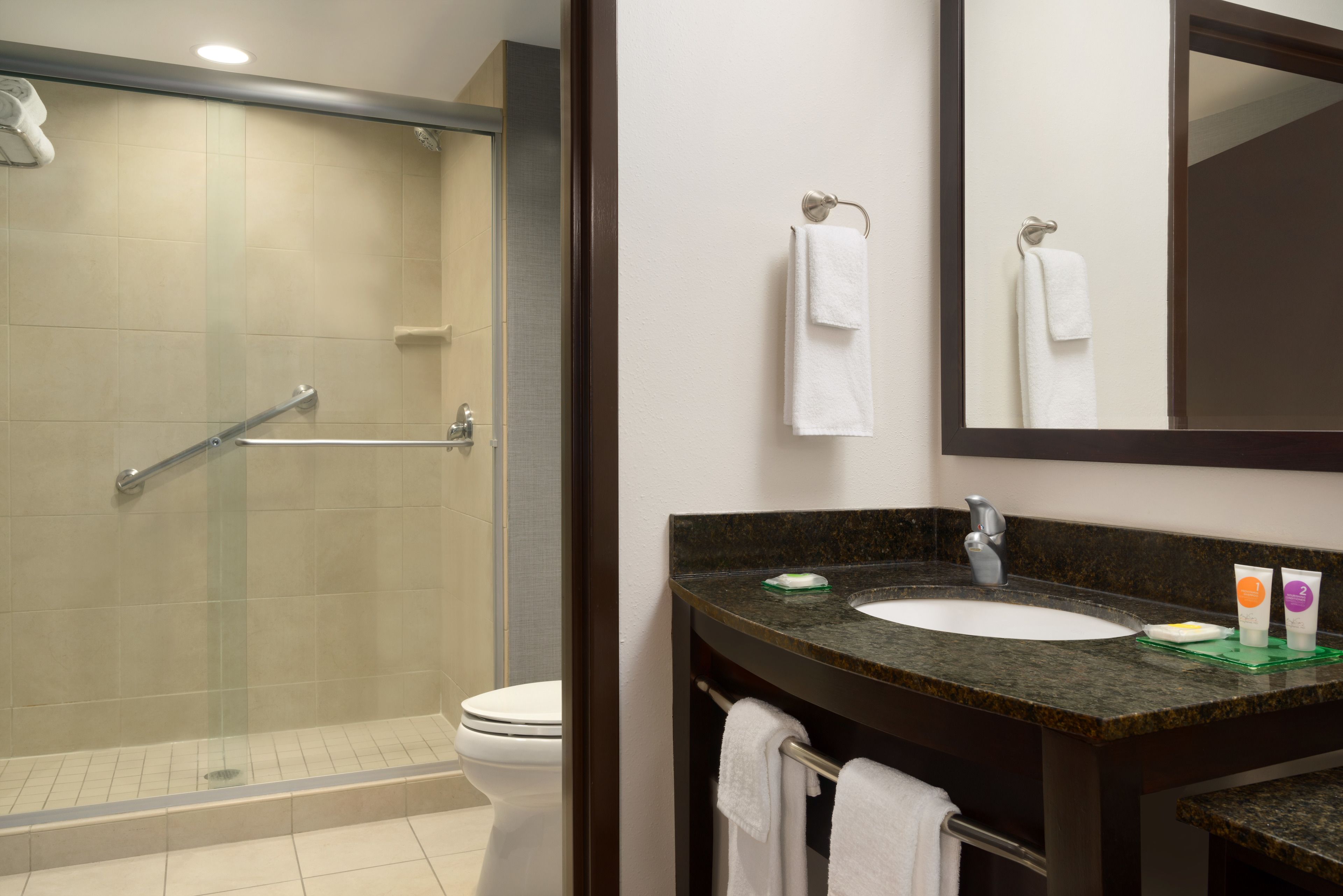 A bathroom with a glass-enclosed shower, a sink with a dark countertop, and a mirror above the sink.