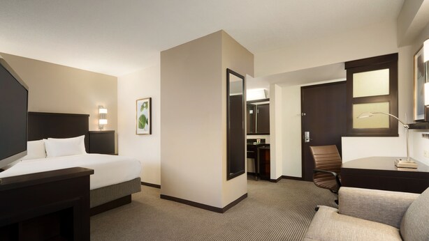 Una habitación de hotel con cama, escritorio, silla y sofá.