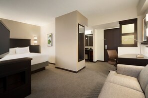 Una habitación de hotel con cama, escritorio, silla y sofá.