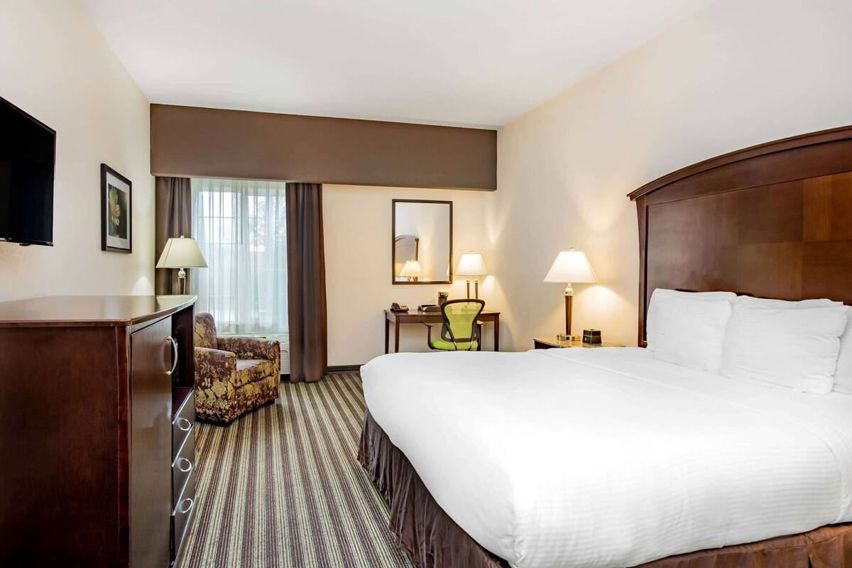 A hotel room with a large bed, a desk, a chair, a TV, and a window with curtains.