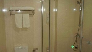 Un bany amb plat de dutxa de vidre, un vàter i un portaToalles amb dues tovelles.