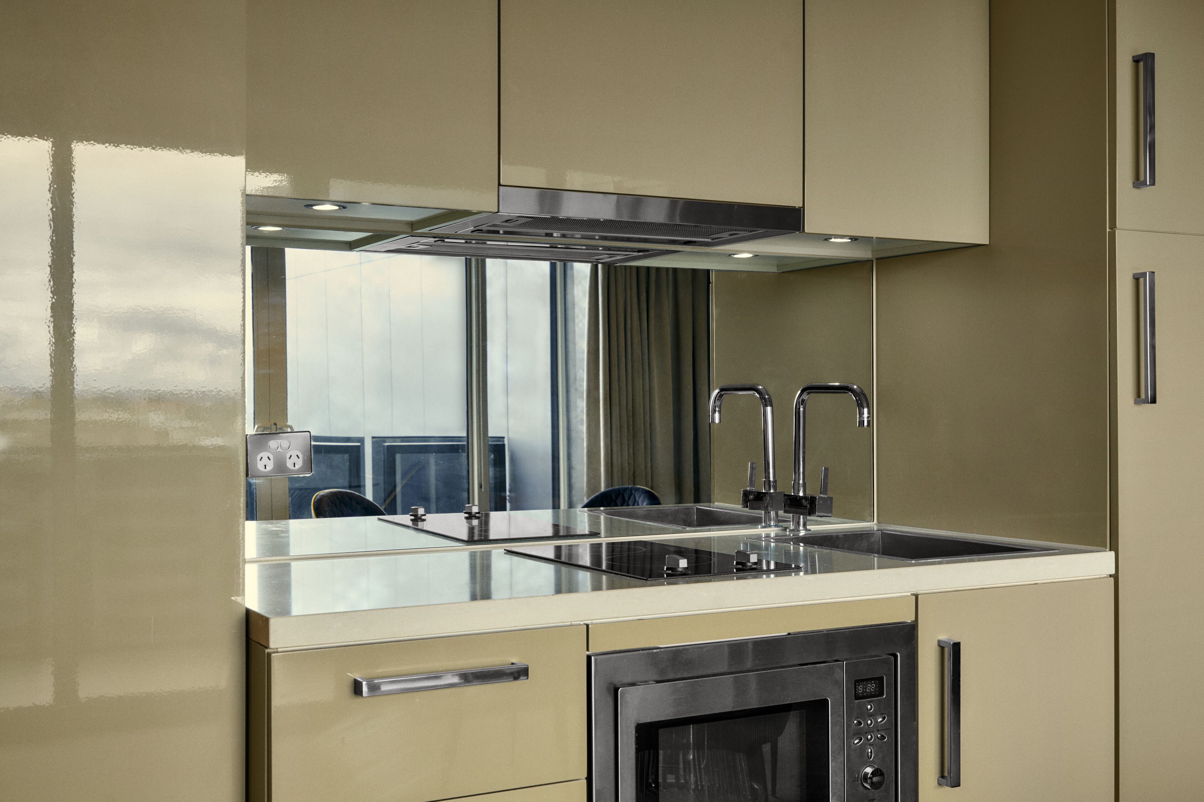 mini-fridge, microwave, stovetop, toaster