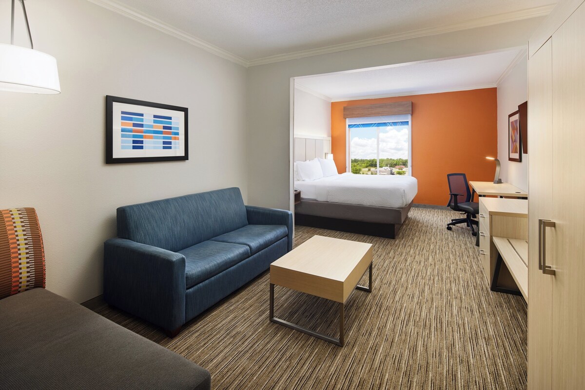 Una habitación de hotel con una cama, un escritorio, un sofá y una pequeña mesa.