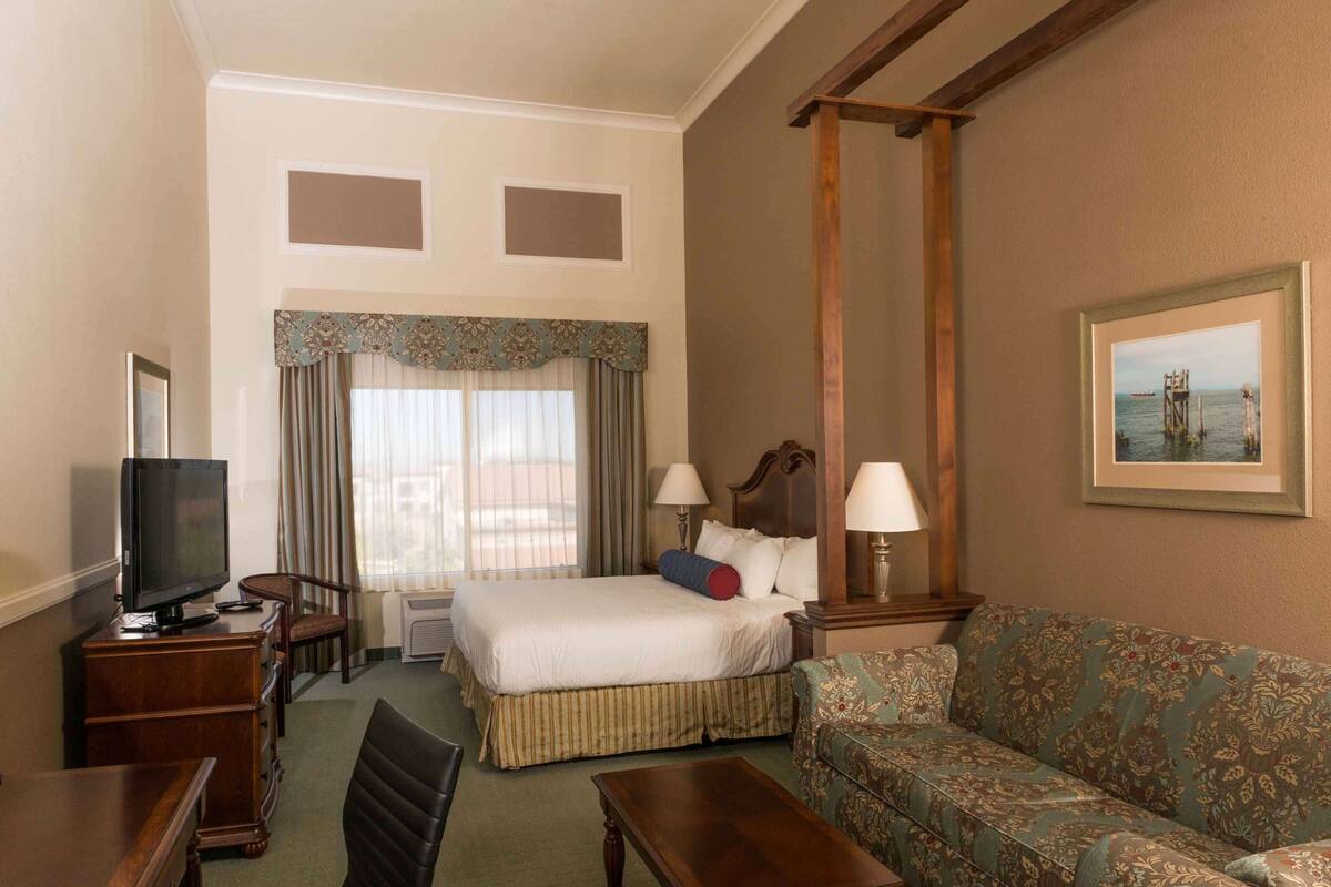 A hotel room with a bed, a television, a desk, a chair, a sofa, and a picture on the wall.